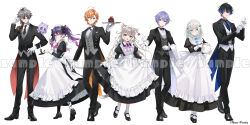 3girls 4boys :d adjusting_clothes adjusting_eyewear adjusting_gloves ahoge alternate_costume amane_amu animal_ear_piercing animal_ears antenna_hair aogiri_eito apron asymmetrical_sidelocks bandaged_ankle black_bow black_bowtie black_coat black_dress black_hair black_necktie black_pants black_pantyhose black_shoes black_suit blue_bow blue_bowtie blue_eyes blue_hair blue_necktie blunt_bangs bow bowtie butler buttons cake candle candlestand cat_ears cat_girl center-flap_bangs center_frills chocolate_cake closed_mouth coat collared_dress collared_shirt colored_tips copyright_notice cross_tie diamond_earrings double-breasted dress ear_piercing earrings enmaided expressionless fang finger_to_mouth food frilled_apron frills fruit full_body ghost glasses gloves grey_coat grey_eyes grey_hair grey_shirt grey_vest hair_behind_ear hair_between_eyes hair_bow hair_ornament hair_over_shoulder hairclip hand_on_eyewear hand_on_own_hip highres holding holding_candlestand holding_teapot holding_tray index_finger_raised itoi_toi_(neo-porte) jewelry juliet_sleeves kuga_leo lapels lineup long_dress long_hair long_sleeves looking_at_viewer looking_to_the_side low_ponytail maid maid_apron maid_headdress mary_janes medium_hair miya_(ete) monocle mullet multicolored_hair multiple_boys multiple_girls neck_ribbon necktie neo-porte notched_lapels official_art open_clothes open_coat open_hand orange_coat orange_hair oxfords pants pantyhose parted_lips piercing pink_bow pink_bowtie pink_eyes pink_hair pink_ribbon pocket_square ponytail puffy_sleeves purple_hair red_coat red_eyes red_ribbon ribbon round_eyewear sample_watermark shibuya_hal shirayuki_reid shirt shoes short_hair sidelocks simple_background single_earring skin_fang skirt_hold smile snowflake_hair_ornament socks sparkle_earrings standing strawberry suit tailcoat teapot towel towel_on_arm traditional_bowtie tray tuxedo_shirt twintails vest violet_eyes virtual_youtuber watermark white_apron white_background white_gloves white_hair white_pantyhose white_shirt white_socks white_vest yozuna_niu 