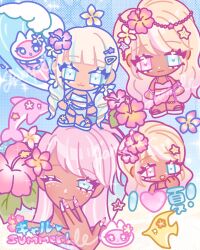 2girls blonde_hair blue_eyes blue_streaks cherriimi chibi chibi_inset commentary dark-skinned_female dark_skin dolphin english_commentary english_text fingernails fish flower gyaru hair_flower hair_ornament hairclip heterochromia hibiscus highres long_fingernails long_hair looking_at_viewer low_twintails mixed-language_text multiple_girls nail_art one_eye_closed original pastel_colors pink_eyes pink_hair pink_nails smile summer surfboard surfing swimsuit tan tanlines twintails 