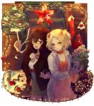  2girls :d alternate_costume alternate_hairstyle antenna_hair bag bangs bel_(pokemon) bell blonde_hair blue_eyes blue_ribbon bow box braid breasts brick brown_hair cable character_request choker christmas_ornaments cleavage closed_mouth dress emje_(uncover) flower fur_coat gift gift_box glass green_eyes hair_between_eyes hair_over_shoulder hair_ribbon holding holding_flower indoors jacket lamp long_hair looking_at_viewer miniskirt mistletoe multiple_girls open_mouth orange_bow orange_dress orange_ribbon poke_ball pokemon pokemon_(creature) pokemon_(game) pokemon_bw pom_pom_(clothes) ribbon sawsbuck skirt small_breasts smile socks star swept_bangs teeth touko_(pokemon) two_side_up very_long_hair window winter wood 
