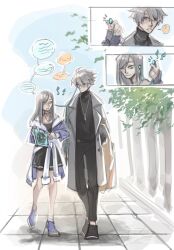  1boy 1girl :d ahoge bag black_dress black_eyes black_gloves black_shirt cd cd_case clothes_around_waist coat dress earphones earphones father_and_daughter full_body ghostblade_(to_be_hero_x) gloves grey_stranger hand_in_pocket highres holding_cd jacket jacket_around_waist jewelry long_hair long_sidelocks looking_at_another necklace off_shoulder open_clothes open_coat outdoors pointing purple_jacket sharing shirt short_hair shoulder_bag sidelocks smile speech_bubble to_be_hero to_be_hero_x turtleneck walking wang_nuonuo white_coat white_hair 