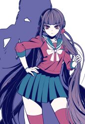  1girl blunt_bangs brown_hair cowboy_shot danganronpa_(series) danganronpa_v3:_killing_harmony hair_ornament hair_scrunchie hand_on_own_hip harukawa_maki highres long_hair long_sleeves looking_at_viewer low_twintails mole mole_under_eye pleated_skirt red_eyes red_scrunchie red_shirt sailor_collar satori_(aosky9077) school_uniform scrunchie shirt skirt solo twintails 