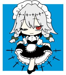  1girl absurdres apron black_dress black_shoes blue_background braid breasts buttons chibi clothes_lift dress floating floating_object floating_weapon frilled_apron frilled_dress frills green_ribbon hair_between_eyes hair_ornament hair_ribbon headdress highres izayoi_sakuya knife layered_clothes looking_at_viewer maid maid_apron maid_headdress medium_hair one_eye_closed puffy_short_sleeves puffy_sleeves red_eyes ribbon ribbon_braid shirt shoes short_sleeves simple_background skirt skirt_lift slit_pupils smile thigh-highs touhou twin_braids two-tone_background waist_apron white_apron white_background white_hair white_headdress white_thighhighs whoru 