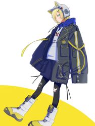  1boy animal_ear_helmet animal_ears animal_helmet arm_belt belt black_belt black_jacket black_leggings black_shorts blonde_hair blue_hood blush boots cat_ears closed_mouth clothes_writing drawstring fake_animal_ears flame_print from_side full_body green_eyes hair_ornament hair_over_one_eye hairclip helmet highres hood hood_down hoodie jacket lace-up_boots lapels leggings lightning_bolt_print looking_at_viewer loose_belt male_focus na_(hs7p_l) nijisanji notched_lapels open_belt open_clothes open_jacket pocket print_hoodie shoelaces short_hair shorts simple_background sleeves_past_fingers sleeves_past_wrists solo space_helmet sparkle standing standing_on_one_leg sticker torn_clothes torn_leggings unzipped uzuki_kou uzuki_kou_(5th_costume) virtual_youtuber wallet_chain white_background white_boots white_helmet white_hoodie wolf_cut yellow_belt yellow_trim zipper 