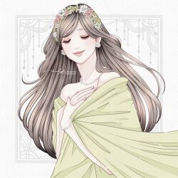  1girl absurdres artist_name bracelet brown_hair closed_eyes earrings facing_viewer flower_earrings hand_up head_wreath highres jewelry long_hair naho_graphics necklace original pearl_necklace ring web_address 