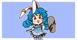  1girl :d animal_ears blue_background blue_dress blue_hair blush border chibi chibi_only commentary dress earclip full_body holding holding_mallet ini_(inunabe00) kine long_hair looking_at_viewer mallet no_shoes open_mouth outline outside_border rabbit_ears rabbit_girl red_eyes seiran_(touhou) short_sleeves simple_background smile socks solo standing touhou v-shaped_eyebrows white_border white_outline white_socks 