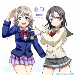  2girls bishoujo_senshi_sailor_moon black_hair blue_eyes blush breasts character_name commentary cosplay costume_switch cousins grey_hair grin highres looking_at_viewer love_live! love_live!_sunshine!! love_live!_sunshine!!_the_school_idol_movie_over_the_rainbow medium_breasts multiple_girls parody school_uniform smile tsuki_ni_kawatte_oshioki_yo twitter_username upper_body uranohoshi_school_uniform user_sfcw8388 violet_eyes watanabe_tsuki watanabe_you white_background 