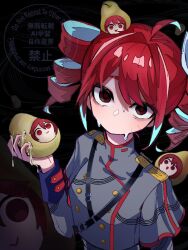  1girl :&gt; :d ahoge bags_under_eyes black_background blue_hair breasts brown_eyes buttons closed_mouth colored_inner_hair commentary_request double-breasted drill_hair food frilled_sleeves frills from_above fruit gold_buttons grey_jacket hair_between_eyes hair_intakes hand_up highres holding holding_food holding_fruit horror_(theme) jacket kasane_teto kasane_teto_(sv) layered_sleeves long_sleeves looking_at_another looking_at_viewer mamedaipu8 multicolored_hair musical_staff musical_staff_print no_mouth open_mouth pear pearto red_hair red_trim short_hair short_over_long_sleeves short_sleeves shoulder_belt shoulder_boards simple_background sleeve_cuffs small_breasts smile solo sweat swept_bangs synthesizer_v turtleneck turtleneck_jacket twin_drills twitter_username two-tone_hair upper_body utau watermark 