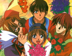  1990s_(style) 4boys absurdres blonde_hair bouquet brown_hair flower fujimiya_ran green_eyes hat hidaka_ken highres kudou_youji long_hair long_sleeves looking_at_viewer magazine_scan male_focus multiple_boys non-web_source official_art one_eye_closed open_mouth red_flower red_hair red_rose retro_artstyle rose scan short_hair siblings smile sunglasses tsukiyono_omi tulip weiss_kreuz 