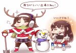  2girls akagi_(kantai_collection) antlers commentary_request earmuffs kantai_collection multiple_girls santa_hat scarf shovel snowman tanaka_kusao tanikaze_(kantai_collection) translation_request 