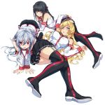  3girls black_hair blonde_hair blue_eyes blush boots character_request detached_sleeves hisashi_(nekoman) long_hair looking_at_viewer lying multiple_girls open_mouth red_eyes skirt thigh-highs thigh_boots twintails 