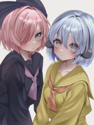  2girls animal_ears animal_hat black_serafuku blue_eyes blue_hair cat_hat commentary_request facial_mark fake_animal_ears genderswap genderswap_(mtf) grey_background hair_over_one_eye hat highres looking_at_viewer multiple_girls neckerchief nyen_(randal&#039;s_friends) nyon_(randal&#039;s_friends) orange_neckerchief pink_hair pink_neckerchief randal&#039;s_friends school_uniform serafuku short_hair simple_background slit_pupils tkt_tru upper_body whisker_markings yellow_serafuku 