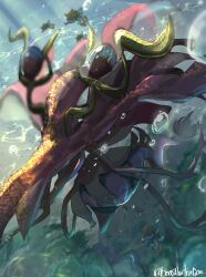  air_bubble bo_(bouillustration) bubble colored_skin dragalge dragon dragon_horns dragon_tail fish glowing glowing_eye hat highres horns mega_dragalge mega_pokemon no_humans pokemon pokemon_(creature) pokemon_focus pokemon_legends:_z-a purple_skin sea_dragon seahorse seaweed skrelp tail twitter_username underwater witch_hat 