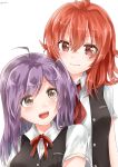  2girls ahoge arashi_(kantai_collection) brown_eyes floret hagikaze_(kantai_collection) highres kantai_collection long_hair multiple_girls open_mouth purple_hair redhead school_uniform side_ponytail smile vest 