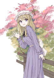  1girl back_bow blonde_hair blurry blurry_background bow check_background cherry_tree collared_dress commentary_request cowboy_shot dress fence hand_up hat highres kashiwada_kiiho leaning_forward long_hair looking_at_viewer maribel_hearn mob_cap neck_ribbon open_mouth purple_dress ribbon signature smile solo touhou tree violet_eyes waving white_bow white_hat wooden_fence 