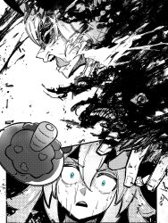  2girls aura blue_eyes blue_lock carrot carrot_hamburger_steak dark_aura eye_trail food greyscale hair_between_eyes hair_ornament hairband hamburger_steak headband highres horse_girl light_trail long_hair monochrome multiple_girls nervous_sweating oguri_cap_(umamusume) open_mouth sakanaflyer scene_reference spot_color sweat tamamo_cross_(umamusume) teeth textless_version tongue tongue_out umamusume umamusume:_cinderella_gray 