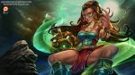  1girl badcompzero bare_shoulders boots breasts brown_hair bustier clouds cloudy_sky come_hither dark_skin earrings eyeliner eyeshadow facial_tattoo fingernails floating_hair foreshortening gorget green_boots green_eyes green_nails holding_mask illaoi jewelry knee_boots large_breasts league_of_legends lipstick long_fingernails long_hair looking_at_viewer makeup mask mask_removed nail_polish no_socks outdoors parted_lips patreon pelvic_curtain red_lipstick rock sky smile smirk solo squatting strapless tattoo tentacles thighs toned vambraces watermark web_address 