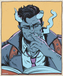  1boy abrams_(deadlock) artist_name black_hair book broken_horn closed_eyes coat deadlock_(game) demon_boy demon_horns english_commentary glasses highres horns looking_down male_focus open_book pointy_ears reading smoke smoking upper_body vogelys yellow_background 