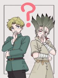  2boys ? bandaged_arm bandages belt black_hair black_pants blonde_hair blue_eyes chi.:_chikyuu_no_undou_ni_tsuite covering_own_mouth crossover dr._stone gradient_hair green_jacket grey_hair hand_on_own_chin hand_over_own_mouth highres ishigami_senkuu jacket long_sleeves male_focus mofumiumai multicolored_hair multiple_boys pants rafal_(chi.) red_eyes scar school_uniform short_hair spiky_hair tunic two-tone_hair 