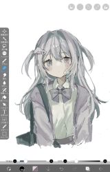  1girl art_program_in_frame bag bandage_on_face bandages blue_eyes bow bowtie collared_shirt double-parted_bangs expressionless grey_hair hair_between_eyes hair_ornament head_tilt heterochromia highres jacket looking_at_viewer original pink_eyes pink_jacket screenshot shirt shoulder_bag two_side_up white_shirt wing_hair_ornament yukitomo_(motcha111) 