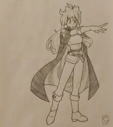  1girl armor black_headband cape cosplay earrings graphite_(medium) greyscale hatching_(texture) headband jewelry lina_inverse lina_inverse_(cosplay) linear_hatching long_hair monochrome pen_(medium) pencil sergent_magnom shoulder_armor sketch slayers slayers_next slayers_try smile solo sphere_earrings traditional_media 