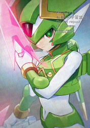  1boy armor cowboy_shot dual_wielding energy_sword facial_mark green_armor green_eyes green_helmet green_wings helmet holding holding_sword holding_weapon male_focus mechanical_wings mega_man_(series) mega_man_zero_(series) sage_harpuia_(mega_man) simple_background solo sword watermark weapon wings yamanashi_taiki 