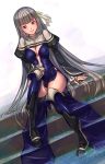  1girl absurdres arpeggio_kaga boots bravely_default_(series) bravely_second:_end_layer breasts center_opening cleavage dress grey_hair highres leg_lift long_hair magnolia_arch panties pantyshot pantyshot_(sitting) red_eyes sitting smile solo stairs thigh-highs thighs underwear very_long_hair white_panties 