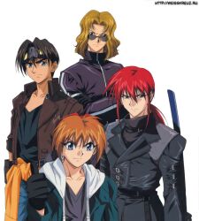  1990s_(style) 4boys belt black_gloves black_hair blonde_hair blue_eyes brown_hair coat collarbone fujimiya_ran gloves goggles goggles_on_head grey_eyes hidaka_ken jacket kudou_youji long_coat long_hair looking_at_viewer looking_over_eyewear magazine_scan male_focus multiple_belts multiple_boys non-web_source official_art open_clothes orange_hair pants red_hair retro_artstyle scan shirt smile standing sunglasses tsukiyono_omi weapon weiss_kreuz white_background 