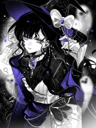  1girl alternate_costume artist_request black_background bow brooch cape commission dress ghost grin hand_up hat hat_bow highres isolde_(reverse:1999) jewelry long_hair looking_at_viewer partially_colored purple_cape reverse:1999 second-party_source smile solo upper_body violet_eyes witch_hat 