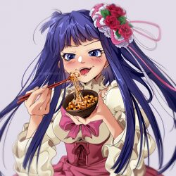  1girl absurdres blue_eyes blue_hair blunt_bangs blush bow bowl choker chopsticks dress eating flower food frills furudo_erika hair_flower hair_ornament hat highres holding holding_bowl holding_chopsticks long_hair nattou open_mouth pink_bow ribbon rose skirt smile solo tongue tongue_out twintails umineko_no_naku_koro_ni uneasywolf 