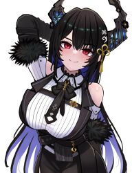  1girl arm_behind_head asymmetrical_horns black_hair black_horns blue_eyes blush breasts cowboy_shot highres hololive hololive_english horns jerrytz large_breasts long_hair mole mole_under_eye multicolored_hair nerissa_ravencroft nerissa_ravencroft_(1st_costume) shirt simple_background smile solo two-tone_hair uneven_horns violet_eyes virtual_youtuber white_background white_shirt 