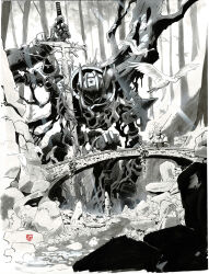  2others artist_logo bridge forest giant greyscale holding holding_sword holding_weapon knight lance logo mecha monochrome multiple_others nature original polearm riding robot solo stephen_green stream sword weapon 