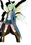  1girl alternate_costume bow coat daiyousei death2990 devil_may_cry fairy_wings green_eyes green_hair hair_bow hair_ribbon highres katana open_mouth ribbon serious short_hair side_ponytail skirt solo sword touhou vergil vergil_(cosplay) weapon wings 