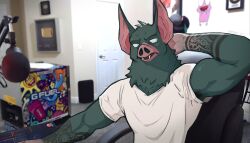  1boy animal_ears arm_behind_head arm_tattoo bat_boy bat_ears biceps chair cosplay cr1tikal cr1tikal_(cosplay) derivative_work dispatch english_commentary fangs furry furry_male gaming_chair gfuel hand_on_own_head highres looking_at_viewer male_focus microphone mikz_up muscular muscular_male open_mouth photo_background shirt sitting sonar_(dispatch) swivel_chair tattoo voice_actor_connection white_shirt youtube_creator_award 