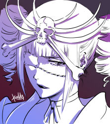  1girl bleach blunt_bangs commentary_request drill_hair eyepatch katen_kyoukotsu kudou_masashi limited_palette lipstick makeup portrait signature skull_and_crossbones solo twin_drills 