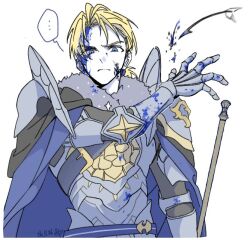  ... 1boy arm_up armor arrow_(projectile) blonde_hair blood blood_on_armor blood_on_face blue_cape blue_eyes breastplate cape commentary_request dimitri_alexandre_blaiddyd fire_emblem fire_emblem:_three_houses fire_emblem_warriors:_three_hopes gauntlets holding holding_polearm holding_weapon male_focus official_alternate_costume official_alternate_hairstyle pauldrons polearm ponytail seza_fe3h shoulder_armor simple_background solo speech_bubble spoken_ellipsis weapon white_background 