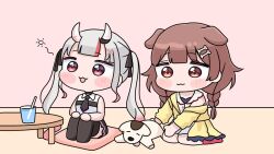  2girls :3 :d animal animal_ears bare_arms bare_shoulders black_bow black_necktie black_skirt black_thighhighs blush_stickers bone_hair_ornament bow braid brown_eyes brown_hair cartoon_bone chibi closed_mouth collared_shirt cup cushion dog dog_ears drinking_glass drinking_straw gradient_hair grey_hair hair_bow hair_ornament hololive horns indoors inugami_korone inugami_korone_(1st_costume) long_hair low_twintails mochimiko multicolored_hair multiple_girls nakiri_ayame nakiri_ayame_(streetwear) necktie no_shoes oni pleated_skirt red_eyes red_hair red_socks shirt sitting skirt sleeveless sleeveless_shirt smile socks streaked_hair table thigh-highs twin_braids twintails very_long_hair virtual_youtuber wariza white_shirt x_hair_ornament zabuton 