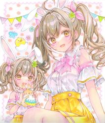  2girls ahoge animal_ear_hairband animal_ears armband arms_at_sides baby_animal bird blush bow brown_hair bug butterfly chick commentary_request cracked_egg crossed_bangs double-parted_bangs easter_egg egg fake_animal_ears flower green_flower hair_bow hair_flower hair_intakes hair_ornament hairband hands_up honokaw555 long_hair looking_at_viewer marker_(medium) matching_outfits medium_hair multiple_girls open_mouth orange_eyes original pink_bow pleated_skirt polka_dot polka_dot_background rabbit rabbit_ear_hairband rabbit_ears scan scan_artifacts shirt shirt_tucked_in siblings sisters sitting skirt sleeveless sleeveless_shirt smile traditional_media twintails wavy_hair white_armband white_background white_hairband white_shirt yellow_skirt 