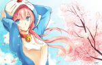  1girl artist_name bell blue_eyes cherry_blossoms cosplay doraemon doraemon_(cosplay) funkid highres megurine_luka pink_hair smile solo vocaloid 