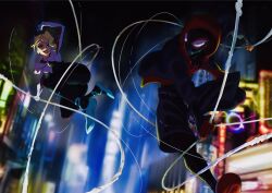  1boy 1girl black_shoes blonde_hair blue_eyes blurry blurry_background bodysuit breasts city commentary_request gwen_stacy hair_over_one_eye highres hood hood_down hoodie impossible_bodysuit impossible_clothes kudou_masashi marvel red_hoodie shoes small_breasts spider-gwen spider-man:_into_the_spider-verse spider-man_(miles_morales) spider-man_(series) spider-verse superhero_costume 