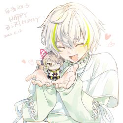  18trip 1boy :d blonde_streaks brothers character_doll chinese_commentary closed_eyes commentary_request doll doodled_object green_shirt green_sleeves hair_between_eyes hands_up happy_birthday heart high_collar highres holding holding_stuffed_toy ityorec layered_sleeves long_sleeves male_focus multicolored_hair open_mouth shiramitsu_ryui shiramitsu_toi shirt short_hair short_over_long_sleeves short_sleeves siblings simple_background smile streaked_hair stuffed_toy twins white_background white_hair white_shirt yellow_eyes 