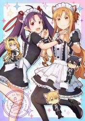 2boys 3girls :d alice_zuberg alternate_costume alternate_hairstyle animal_ear_fluff animal_ears apron asuna_(sao) black_hairband black_jacket black_necktie black_pants black_shoes black_thighhighs blonde_hair blue_eyes braid butler cat_boy cat_ears cat_girl chibi chibi_inset closed_mouth eugeo gloves hair_between_eyes hairband high_heels highres holding_hands jacket kirito leg_up long_hair long_sleeves looking_at_viewer maid maid_apron maid_headdress multiple_boys multiple_girls necktie open_clothes open_jacket open_mouth orange_eyes orange_hair pants puffy_short_sleeves puffy_sleeves purple_hair red_eyes shoes short_hair short_sleeves sidelocks smile sword_art_online thigh-highs twin_braids twintails very_long_hair vest white_gloves wrist_cuffs yushi_m2 yuuki_(sao) 