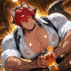  ai-assisted ai-generated animal_ears bartender breasts cocktail_glass collar cup dog_ears dog_tail drinking_glass highres komano_manato large_breasts large_pectorals looking_at_viewer male_focus muscular muscular_male pectorals smile sweat tail tight_clothes zenless_zone_zero 