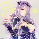  1girl breasts cake camilla_(fire_emblem_if) candle cleavage dorimoif fire_emblem fire_emblem_if food hair_over_one_eye happy_birthday long_hair plate purple_hair violet_eyes 