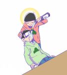  2boys alcohol black_hair bluerabbit135 bottle brothers choromatsu closed_eyes foaming_at_the_mouth halo hoodie male_focus multiple_boys no_pupils osomatsu-kun osomatsu-san osomatsu_(osomatsu-kun) pouring rainbow sake siblings simple_background sitting smile table white_background 