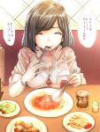  black_hair bra bracelet breast_rest breasts cherry_tomato cleavage closed_eyes eating food fork french_fries glass ice_cube jewelry noodles original plate restaurant school_uniform soda souryu spoon underwear 