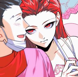  1boy 1girl ^_^ absurdres ace_attorney ako_(eanaaati1) black_hair blush braid chinese_commentary close-up closed_eyes closed_mouth collarbone commentary_request dahlia_hawthorne expressionless eyelashes highres holding holding_umbrella long_hair looking_at_another mask mouth_mask phoenix_wright phoenix_wright:_ace_attorney_-_trials_and_tribulations phoenix_wright_(nostalgic_sweater) portrait red_eyes red_hair red_scarf scarf surgical_mask umbrella 