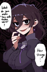  1girl @_@ bags_under_eyes black_corset black_hair breasts corset dress earrings hair_between_eyes hex_maniac_(pokemon) hex_maniac_(pokemon_legends:_z-a) j.k. jewelry juliet_sleeves large_breasts large_earrings long_hair long_sleeves looking_at_viewer pearl_earrings pokemon pokemon_legends:_z-a puffy_sleeves purple_ribbon ribbon sphere_earrings violet_eyes 