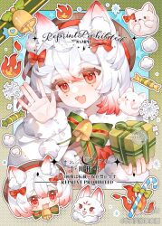  1girl :3 :d absurdres animal_ear_fluff animal_ears bell blue_background blush border bow bowtie chibi commission double-parted_bangs fang fox_ears fox_girl gift green_border green_bow green_bowtie hair_between_eyes hair_bow hand_up highres holding holding_gift long_sleeves mihuashi_2035597 mihuashi_username multicolored_hair neck_bell open_mouth original outside_border portrait red_bow red_eyes red_hair sample_watermark shirt short_hair skin_fang smile star_(symbol) star_symbol_background streaked_hair striped_bow striped_bowtie striped_clothes two-tone_hair watermark white_hair white_shirt 