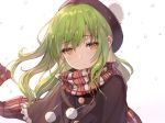  1girl brown_eyes capelet green_hair hat long_hair looking_at_viewer momoko_(momopoco) original scarf snowing solo upper_body 