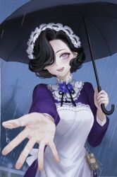  1girl :d apron black_hair black_ribbon black_umbrella blue_sky blurry blurry_background dress fengchuan_xiangma flower hair_over_one_eye highres holding holding_umbrella key looking_at_viewer maid maid_headdress neck_flower neck_ribbon one_eye_covered open_hand open_mouth outstretched_arm outstretched_hand purple_dress purple_flower rain reverse:1999 ribbon short_hair sky smile solo teeth tuesday_(reverse:1999) umbrella upper_body upper_teeth_only violet_eyes white_apron 